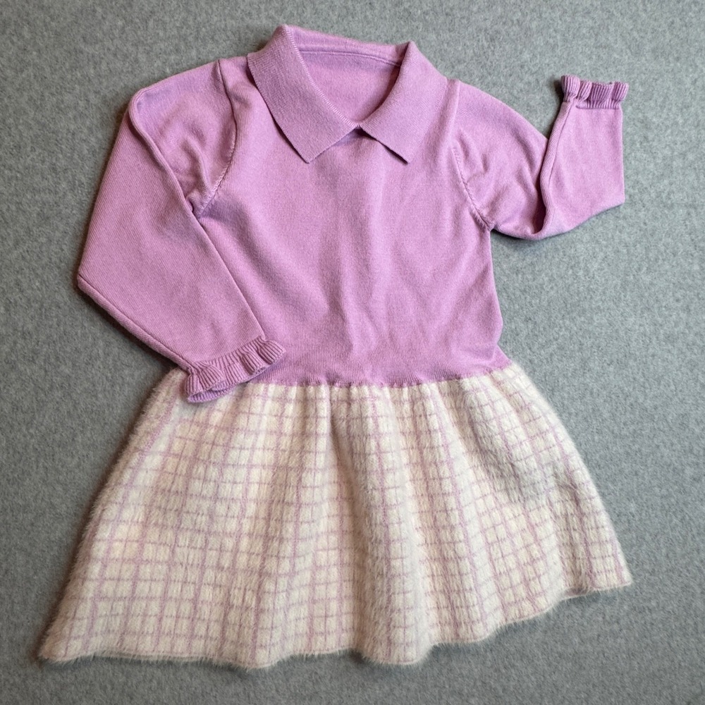 Girls Dress Fuzzy Purple Skirt White Plaid Collared Long‎ Sleeve Sweater Dress